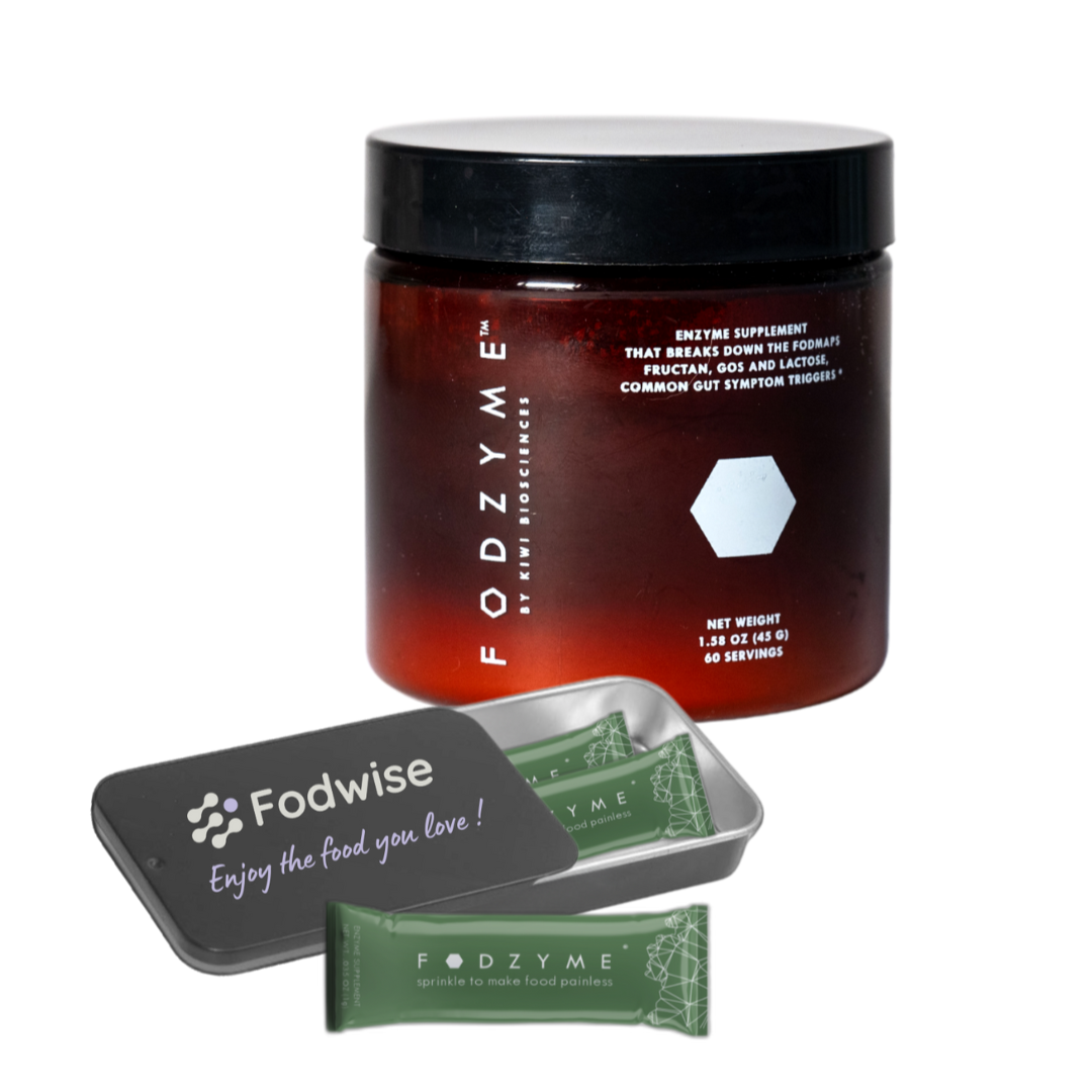 Fodzyme supplement jar with packets on a white background